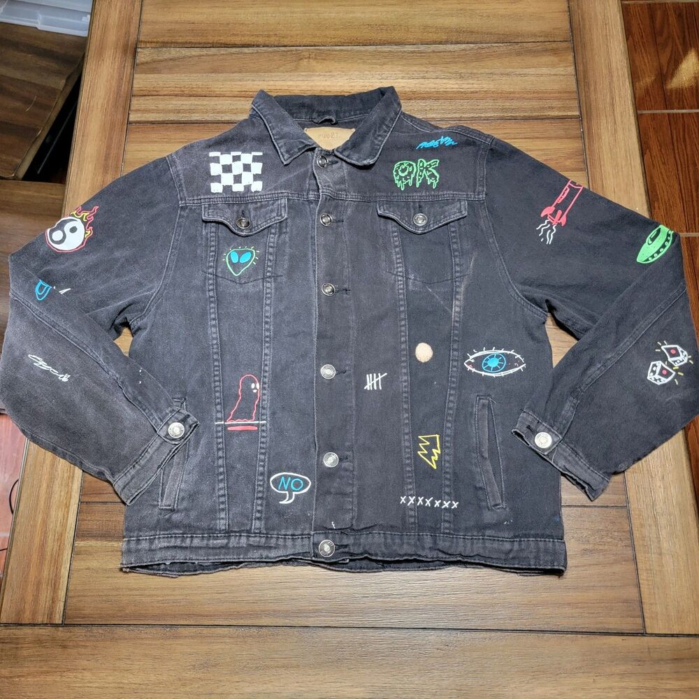 Rue21 Full Button Black Demin Jean Jacket "Savage" Graffiti - Size Junior XXL